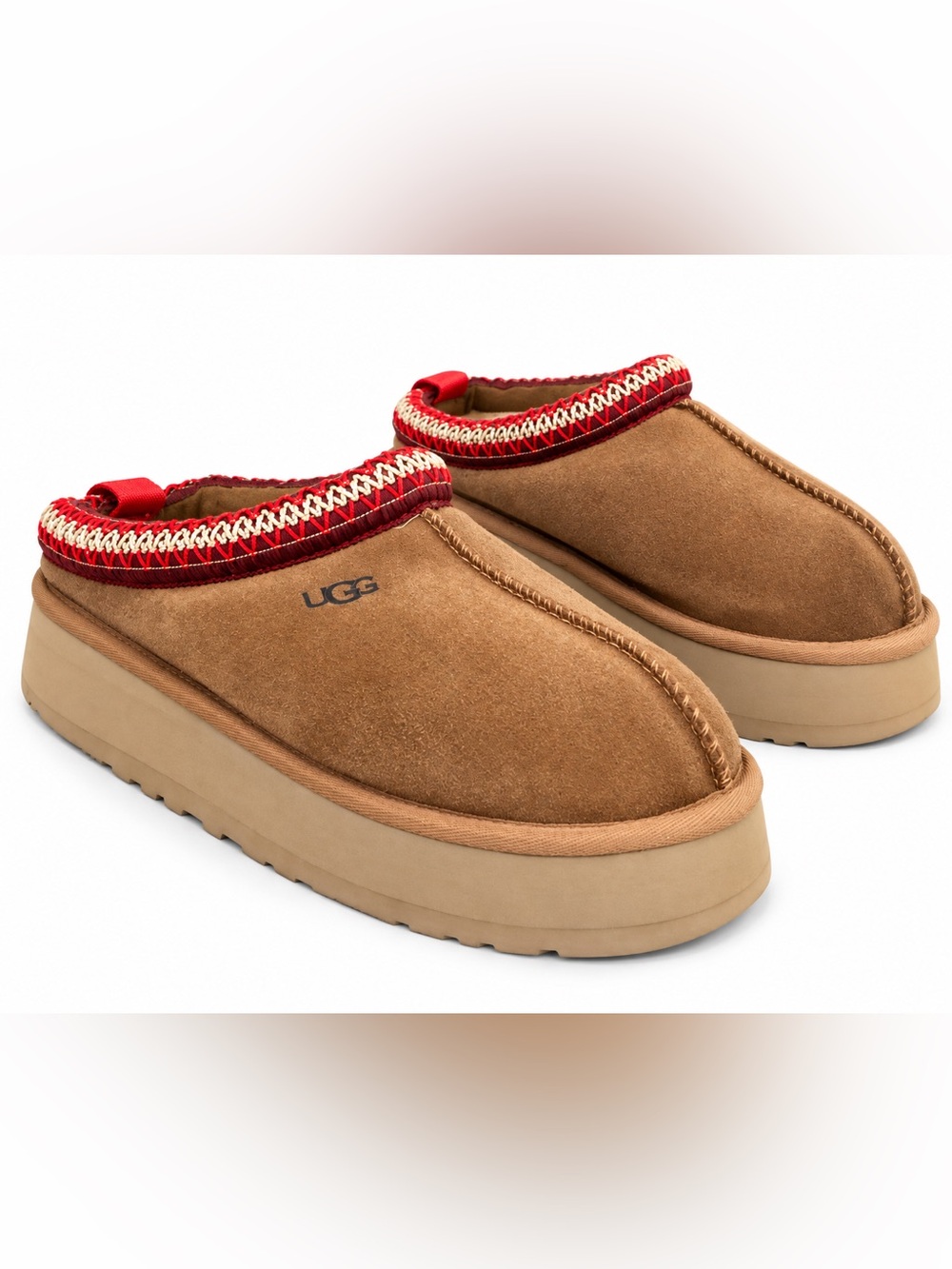 UGG Tazz Platform Slippers Chestnut Red Embroidered Trim Women’s Size 8